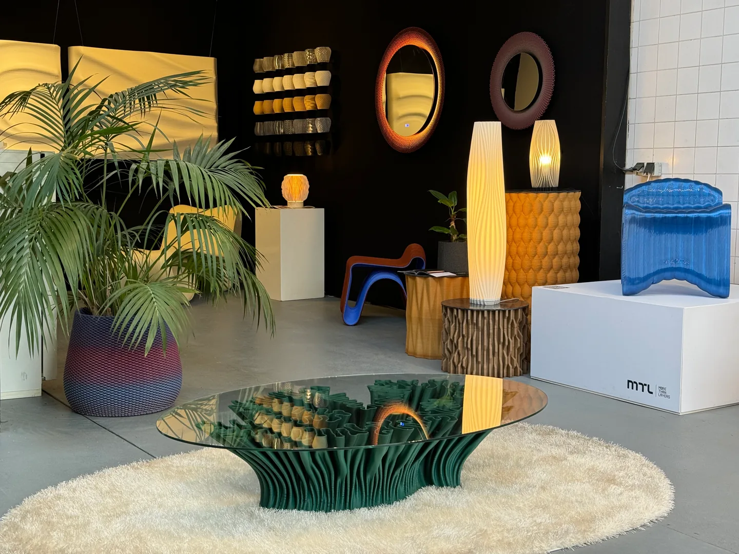 Printed furniture and objects illustrating different design applications